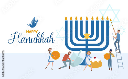 Happy Hanukkah illustration with tiny people, Jewish Festival of Lights traditional holiday background. Editable vector illustration.