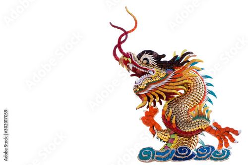 Chinese golden dragon statue for decoration in the temple isolated on white background.