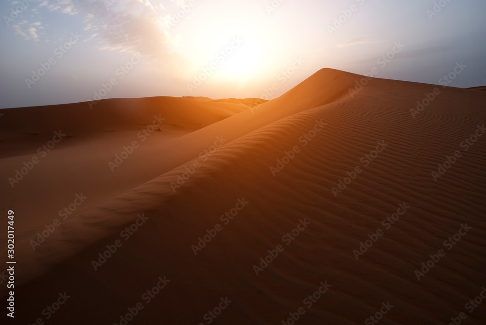 Fototapeta The beauty of the sand dunes in the Sahara Desert in Morocco. The Sahara Desert is the largest hot desert and one of the harshest environments in the world.