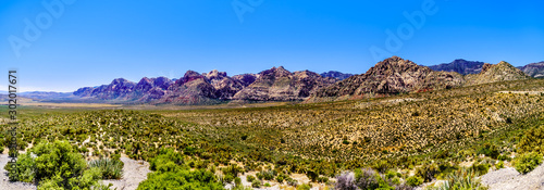 Landscape view of White Rock Hills and Wilson Ridge mountains from Red Rock Canyon Overlook in Red Rock Canyon National Conservation Area near Las Vegas, Nevada