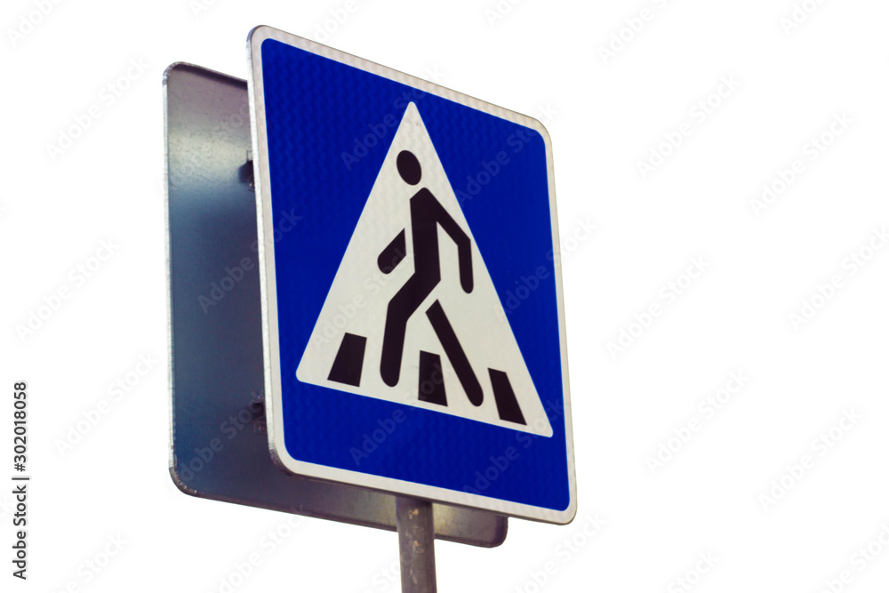 Zebra crossing, pedestrian cross warning traffic road sign in blue