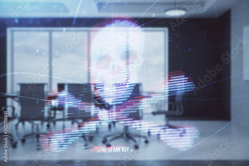 Double exposure of hacking theme hologram on conference room background. Concept of cyberpiracy