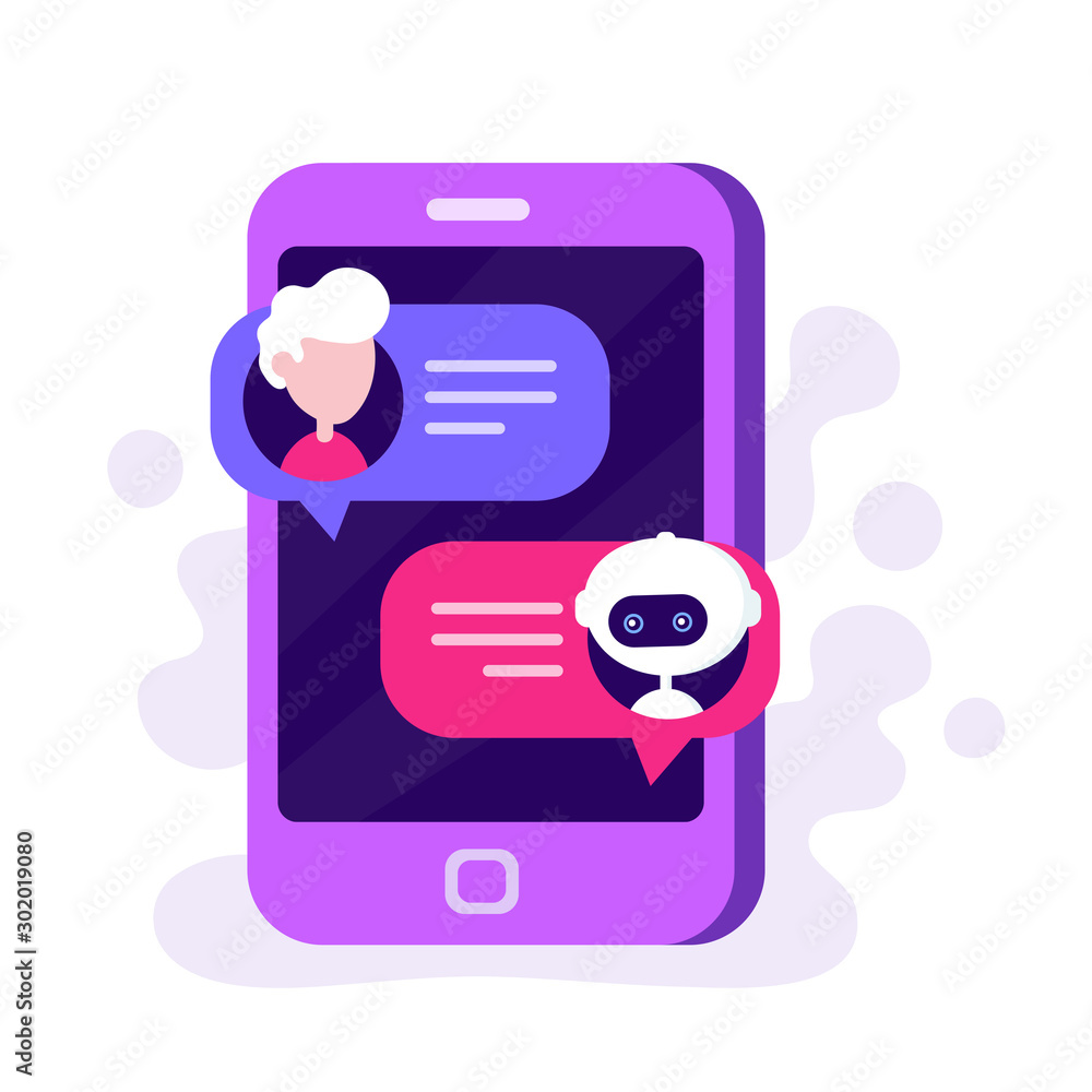 Cute chat bot chatting with man person. Dialog on smartphone