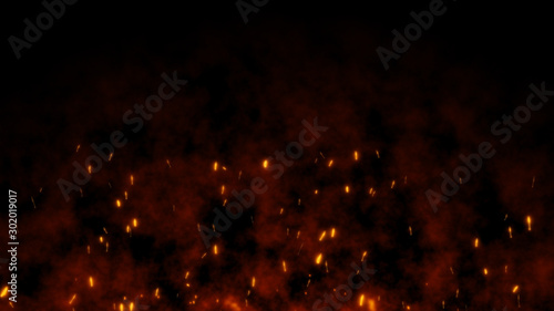 Burning red hot flying sparks fire in the night sky. Beautiful abstract background flying on black background.