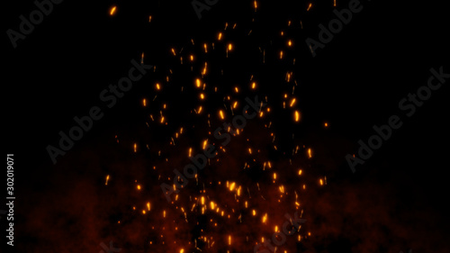 Burning red hot flying sparks fire in the night sky. Beautiful abstract background flying on black background.
