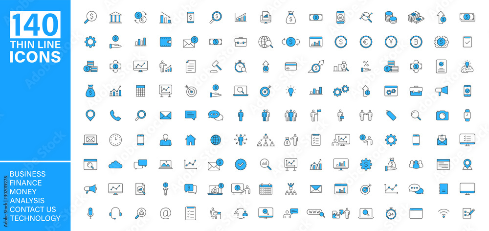 Big vector collection of 140 thin line Web icon. Business, contact us, money, analysis, banking, technology, social media. Set icons. Vector illustration. - obrazy, fototapety, plakaty 