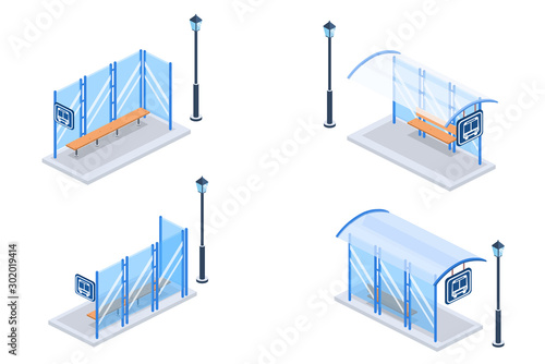 Modern Bus Stop concept of landing page vector isometric 3D illustration.