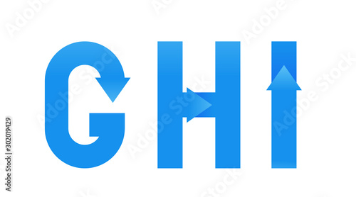Font alphabet design with blue gradient arrow. Flat logo design. Vector typeface modern typography.