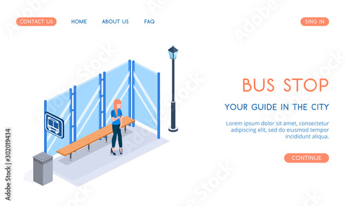 Modern Bus Stop concept of landing page vector isometric 3D illustration.