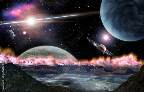 Fantastic view from the ground 3D rendering. Space and planets from another solar system. The concept of a sun burst, radiation. Mountains and frozen water