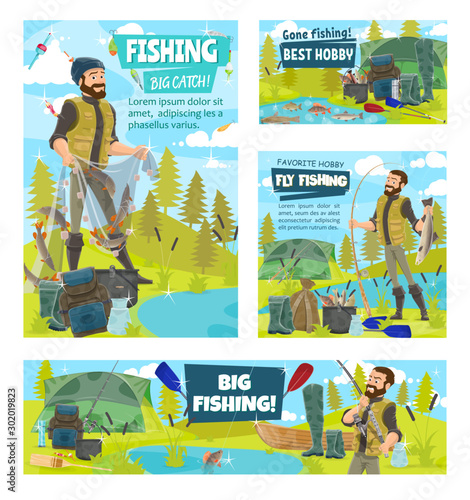 Fishermen with fish, fishing net, boat and rod