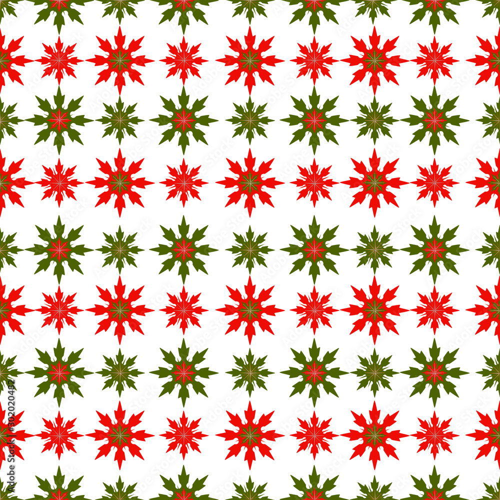 Seamless geometric winter pattern with dark green and red snowflakes on a white background. Gift paper Seamless geometric winter pattern with dark green and red snowflakes on a white background. Gift paper