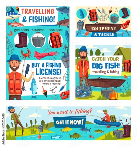 Fishermen with fish, fishing tackle and equipment