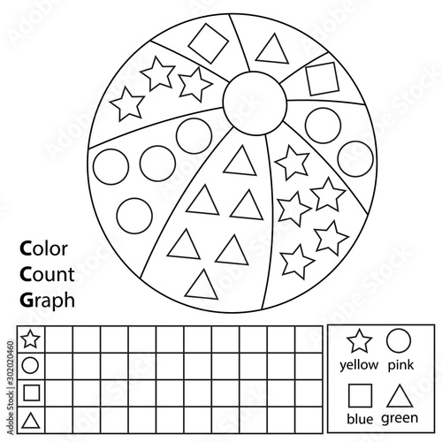 Color, count and graph. Educational children game. Color ball and counting shapes. Printable worksheet for kids and toddlers photo
