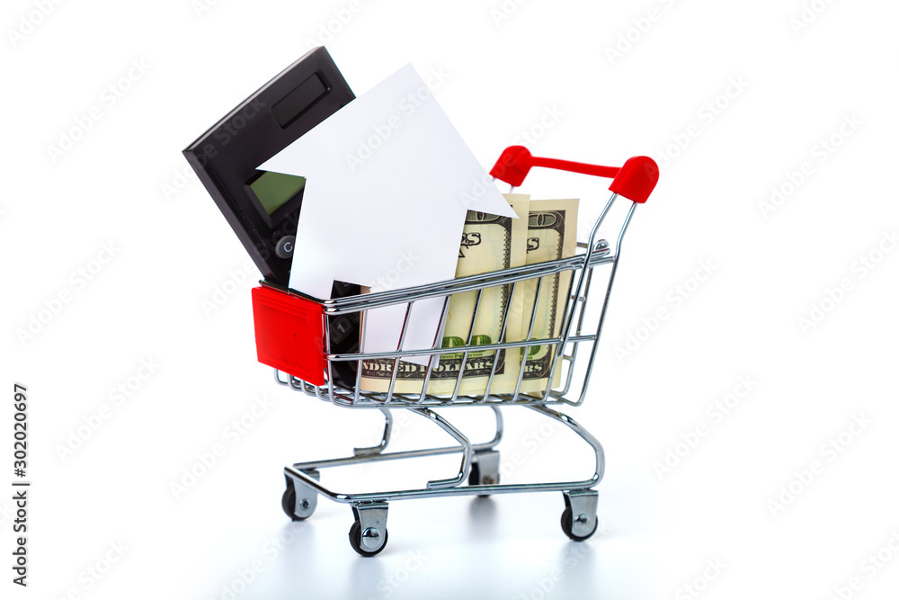 Shopping cart, house and calculator. Shopping cart, house and calculator.
