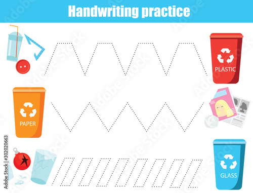 Put trash in bin. handwriting practice sheet. Educational children game. Preschool Tracing for toddlers. Waste sorting theme for kids