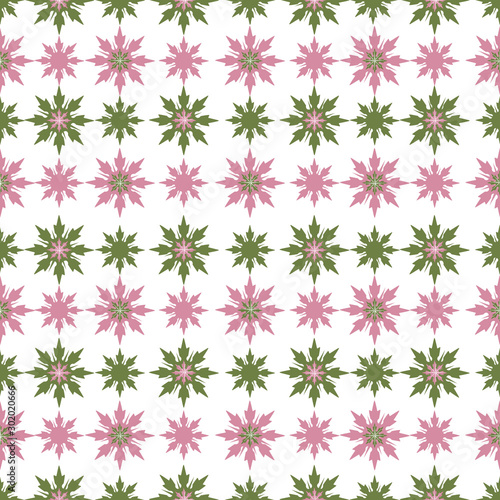 Seamless geometric winter pattern with pink and green snowflakes on a white background. Gift Christmas paper