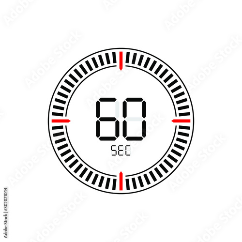 60 second countdown time, digital stopwatch chronometer clock isolated. Vector illustration