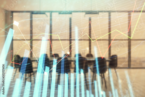 Multi exposure of stock market graph on conference room background. Concept of financial analysis © Andrey