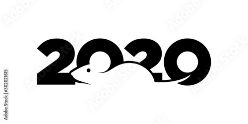 Logo 2020 happy new year whit color black, merry Christmas. Vector flat illustration with mouse negative space image. - vector