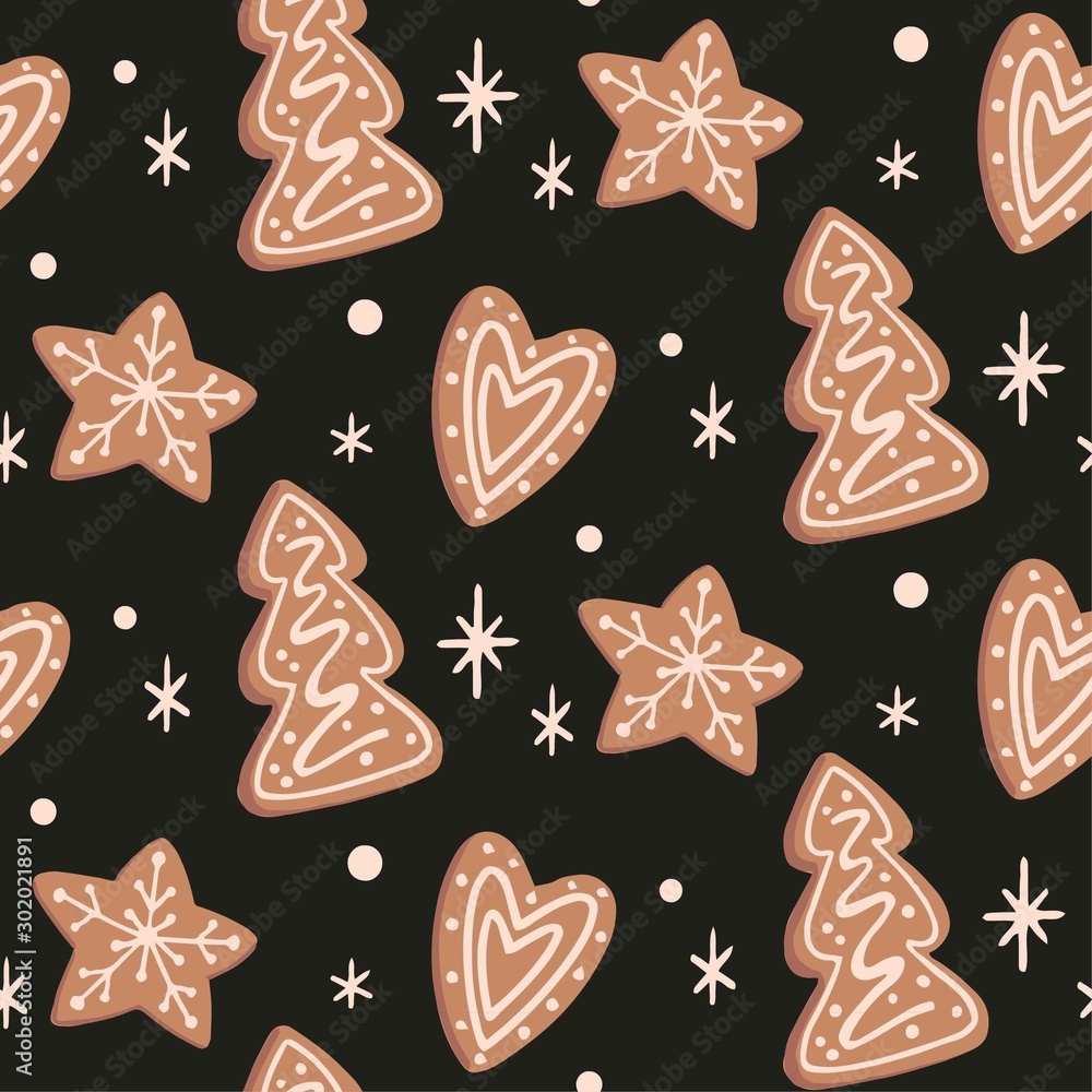 Hand drawn gingerbread cookies. Christmas, New Year sketch seamless pattern on dark background. Sweet vector illustration on white background for cards, banners, web Hand drawn gingerbread cookies. Christmas, New Year sketch seamless pattern on dark background. Sweet vector illustration on white background for cards, banners, web