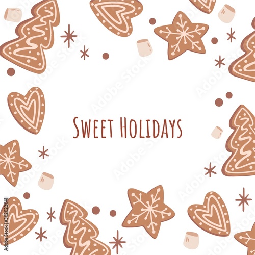 Hand drawn gingerbread cookies. Christmas, New Year sketch drawing. Sweet vector illustration on white background for cards, banners, web