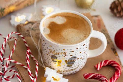 coffee and christmas decoration photo