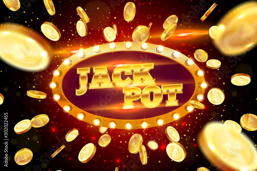 The word Jack Pot, surrounded by a luminous frame on a coins explosion background. The new, best design of the luck banner, for gambling, casino, poker, slot, roulette or bone.