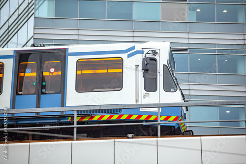 Skytrain in city Amsterdam. Passenger train in Netherlands.