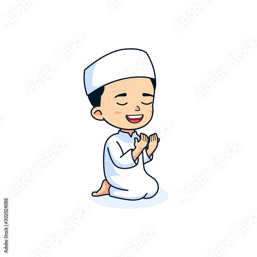 Cute Boy kids Muslim praying to the God, vector cartoon illustration