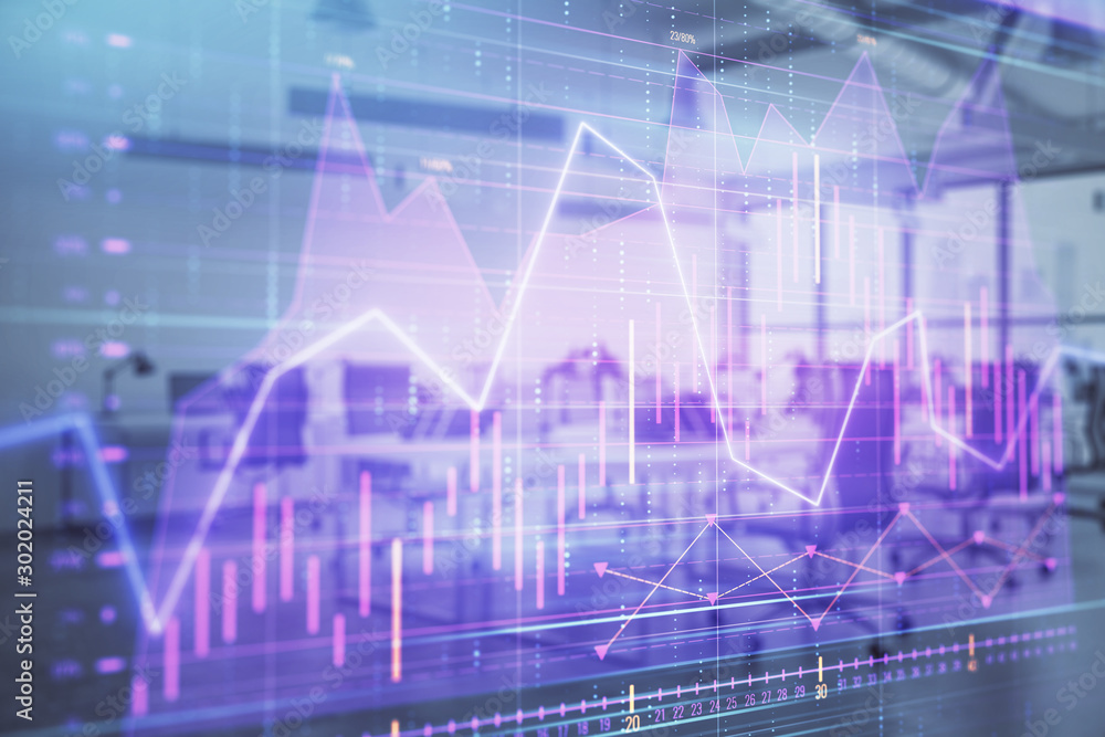 Stock and bond market graph with trading desk bank office interior on background. Multi exposure. Concept of financial analysis Stock and bond market graph with trading desk bank office interior on background. Multi exposure. Concept of financial analysis