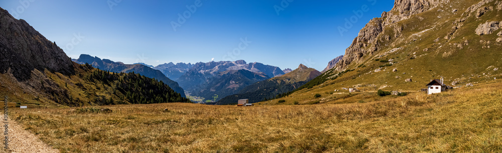 High resolution stitched peautiful alpine view at the famous Passo Pordoi, South Tyrol, Italy
