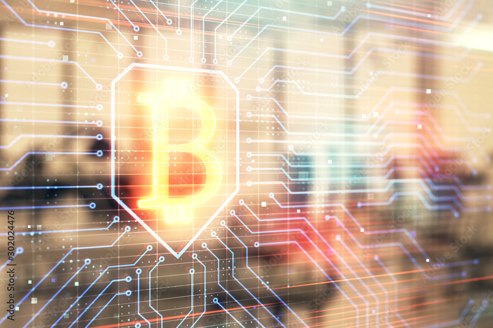 Cryptocurrency theme drawing with office interior background. Double exposure. Concept of blockchain. Cryptocurrency theme drawing with office interior background. Double exposure. Concept of blockchain.