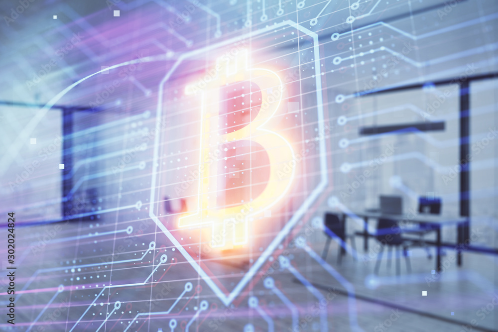 Cryptocurrency theme drawing with office interior background. Double exposure. Concept of blockchain. Cryptocurrency theme drawing with office interior background. Double exposure. Concept of blockchain.