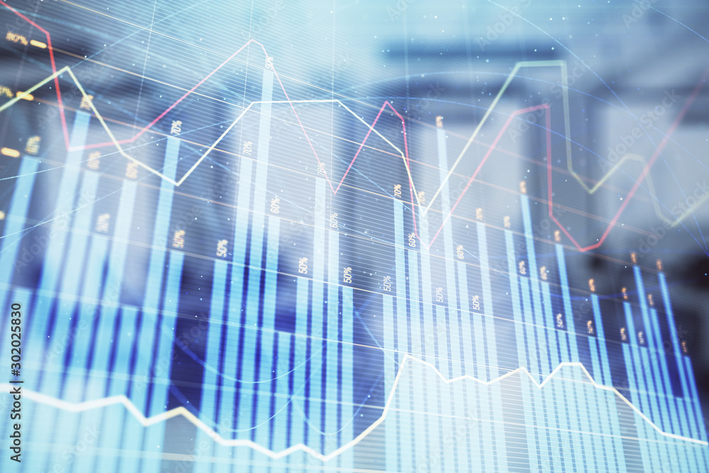 Stock market chart with trading desk bank office interior on background. Double exposure. Concept of financial analysis Stock market chart with trading desk bank office interior on background. Double exposure. Concept of financial analysis