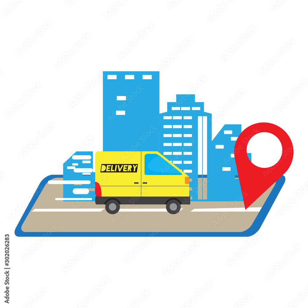 Delivery truck vehicle over a colored cityscape - Vector