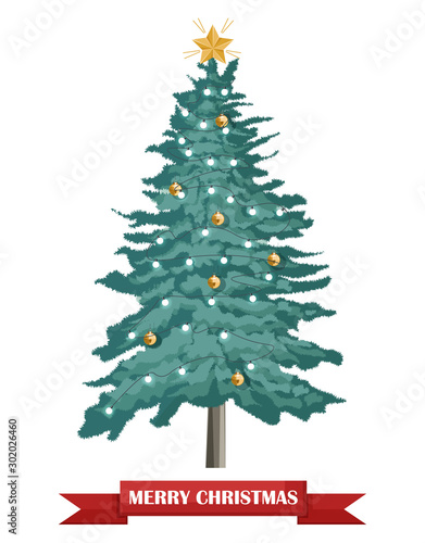 Merry Christmas fir tree with holiday ornaments. Baubles, fairy lights and sh...