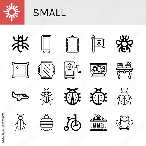 Set of small icons such as Mirror, Ant, Flag pole, Bumblebee, Sharpener, Fish tank, Coffee table, Small plane, Beetle, Ladybug, Woodlouse, Tricycle, Izba, Frog , small