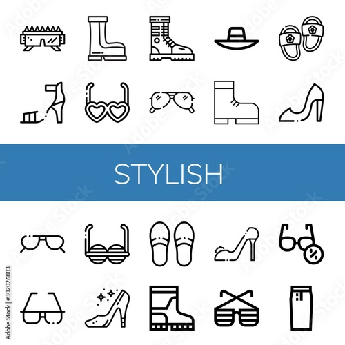 Set of stylish icons such as Sunglasses, High heel, Boots, Boot, Sunhat, Slippers, High heels, Pencil skirt , stylish