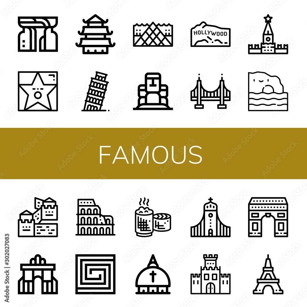 Set of famous icons such as Monument, Walk of fame, Temple, Leaning tower of pisa, Louvre, Moai, Hollywood, Golden gate, Kremlin, Algarve, Great wall china, Rua augusta , famous
