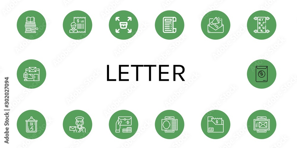 Set of letter icons such as Book shop, Bill, Sending, Receipt, Email, Manuscript, Logogram, Postwoman, Contact card, Post office, Invoice , letter Set of letter icons such as Book shop, Bill, Sending, Receipt, Email, Manuscript, Logogram, Postwoman, Contact card, Post office, Invoice , letter