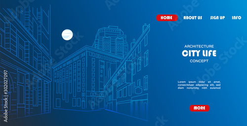 Outline sketch vector of an town city with signs and straight architecture. A...