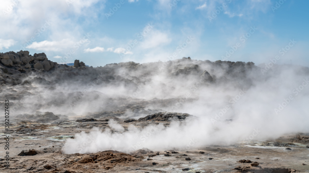 Hverir Myvatn geothermal area with boiling mudpools and steaming fumaroles, Iceland