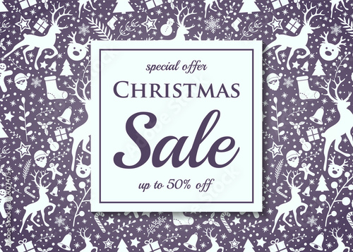 Christmas Sale - colorful flyer with decorations. Vector.