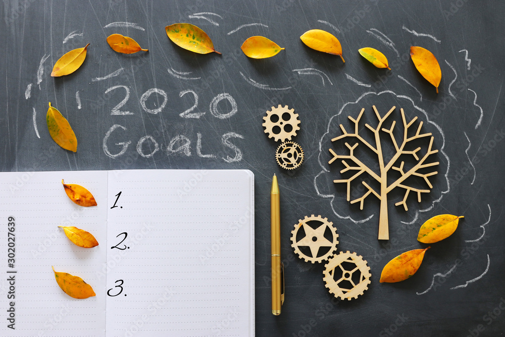 Fototapeta Business concept, top view of blackboard with the phrase 2020 goals