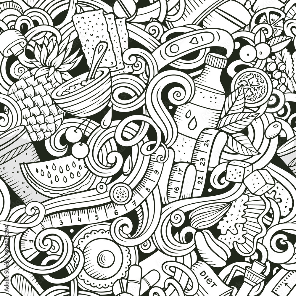Cartoon cute doodles hand drawn Diet food seamless pattern Cartoon cute doodles hand drawn Diet food seamless pattern