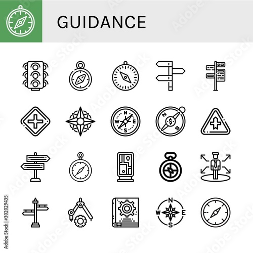 Set of guidance icons such as Compass, Traffic lights, Directions, Signpost, Intersection, Guidepost, Decision, Manual book , guidance photo