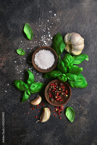 Culinary background with traditional italian spices : basil, garlic, sea salt, pepper and olive oil. Top view with copy space.