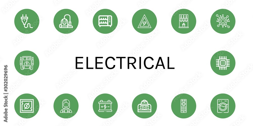 Set of electrical icons such as Plug, Vacuum cleaner, Toaster, Voltage, Machine, Engineering, Cpu, Electrician, Battery, Remote control, Washing machine, Electric meter , electrical Set of electrical icons such as Plug, Vacuum cleaner, Toaster, Voltage, Machine, Engineering, Cpu, Electrician, Battery, Remote control, Washing machine, Electric meter , electrical
