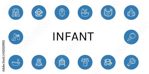 Set of infant icons such as Car seat, Laugh room, Baby, Moses basket, Bib, Sippy cup, Baby tub, Crying, Feeding chair, Breast pump, Carriage, Rattle, Stork, Nasal aspirator , infant